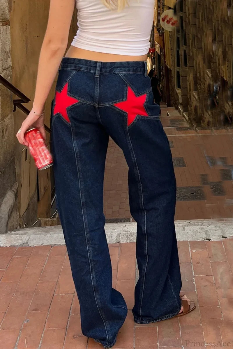 Y2K Star Color-Block Patchwork Jeans Navy blue / S