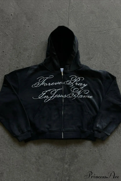 Y2K Street Dark Zip Stylish Hoodie Black / S