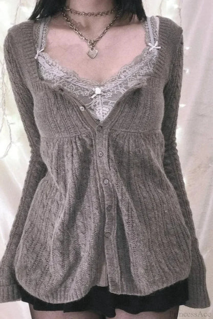 Y2K Sweet Square Neck Cable Knit Button Blouse Gray / S