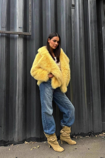Yellow Faux Fur Open Front Coat