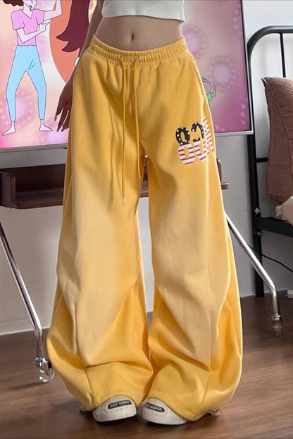 Yellow Graphic Loose Casual Sweat Pants