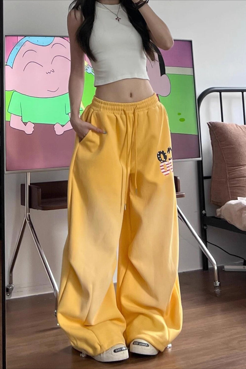 Yellow Graphic Loose Casual Sweat Pants