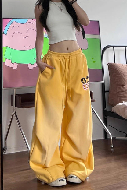 Yellow Graphic Loose Casual Sweat Pants