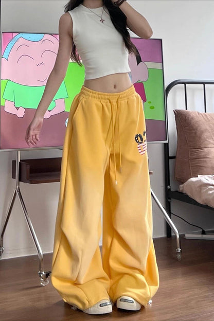 Yellow Graphic Loose Casual Sweat Pants