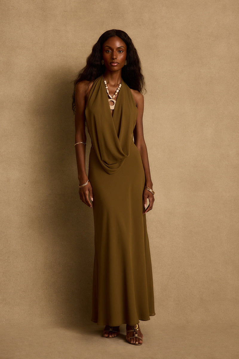 Zela Olive Cowl Maxi Dress