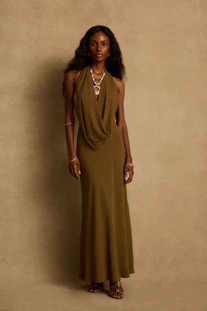 Zela Olive Cowl Maxi Dress