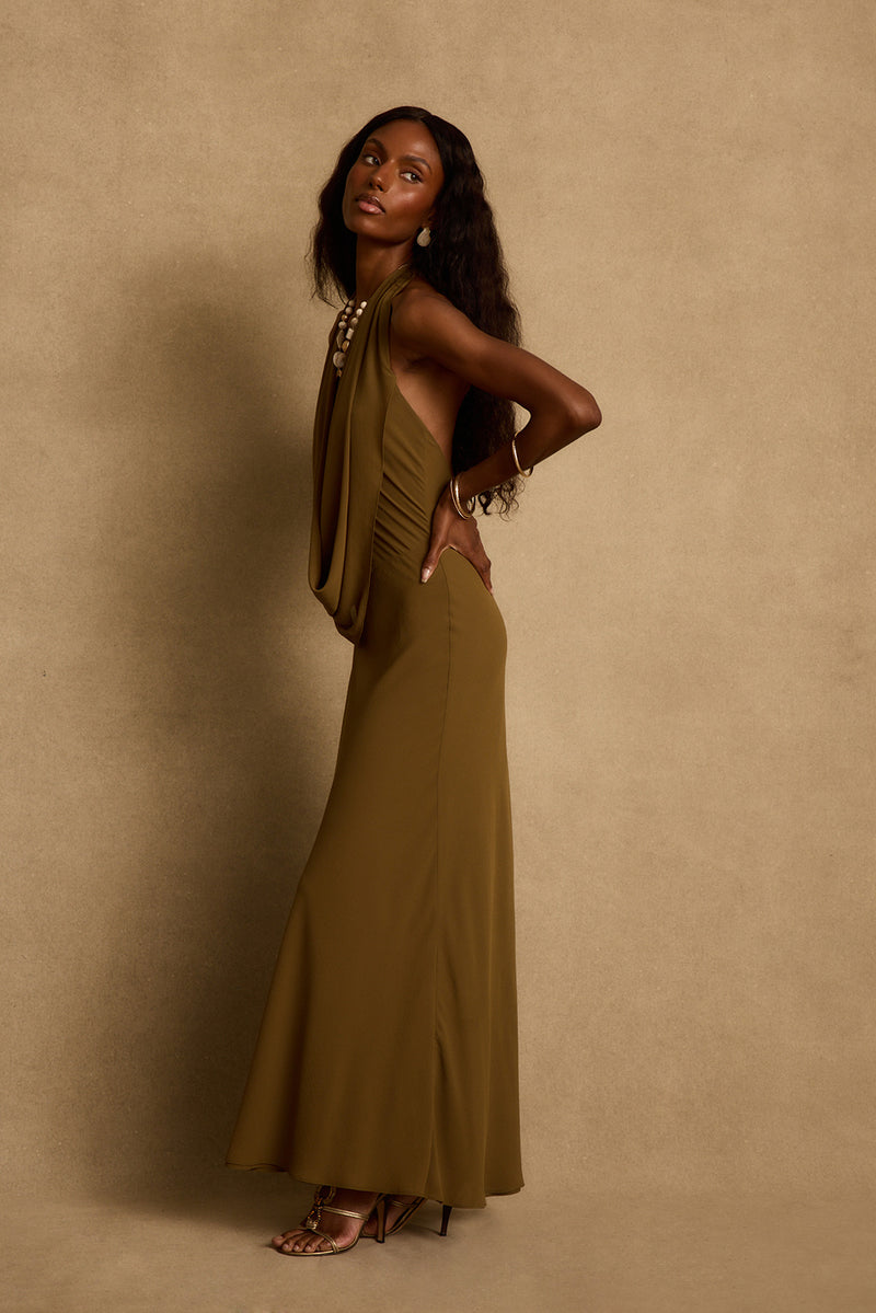 Zela Olive Cowl Maxi Dress