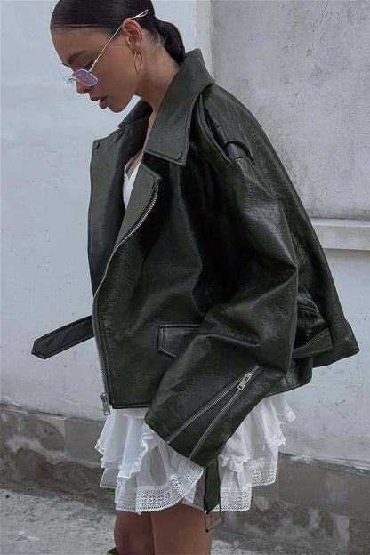 Zip Up Green Leather Moto Jacket