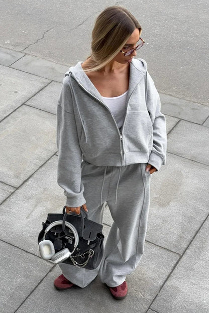 Zipper Hoodie Long Sleeve Wide Leg Pants Two Piece Set